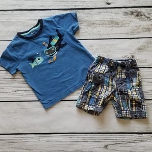 Gymboree shark applique shirt and madras shorts
